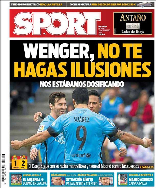 Portada del periódico sport, domingo 21 de febrero de 2016