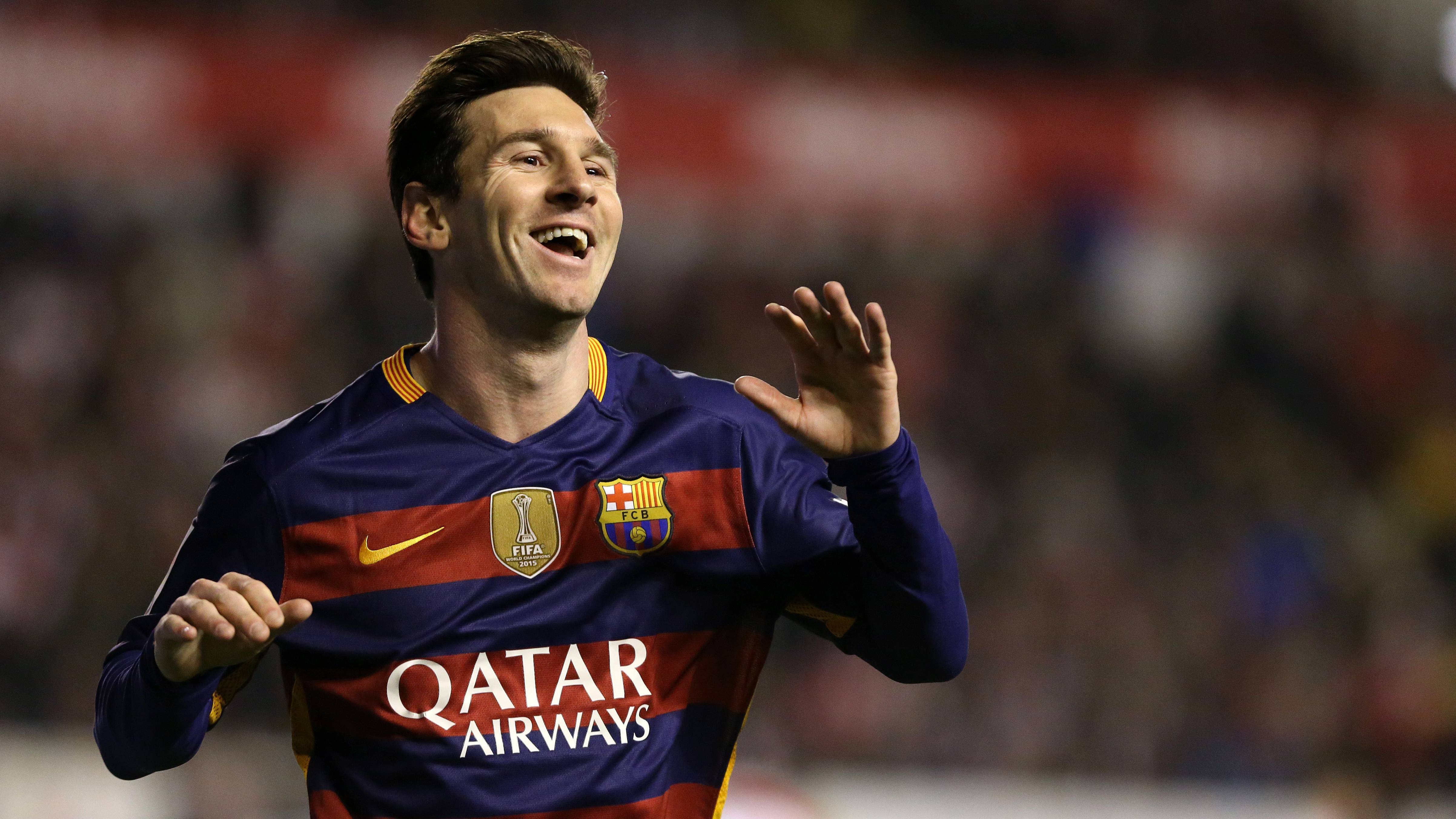 Leo Messi, smiling after marking a goal with the Barça