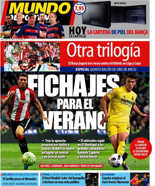 Portada del periódico mundo deportivo, sábado 16 de enero de 2016