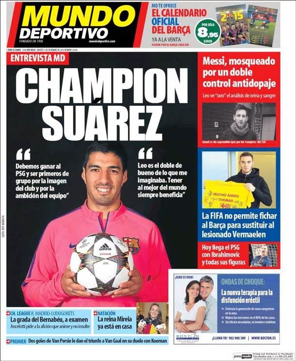 Portada Mundo Deportivo (9/12/2014) – Champion Suárez