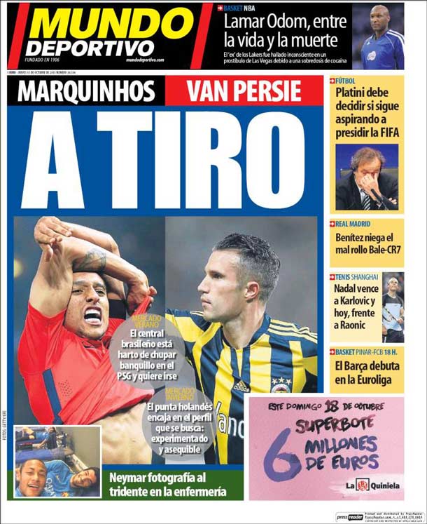 Portada Mundo Deportivo: Marquinhos y Van Persie, a tiro
