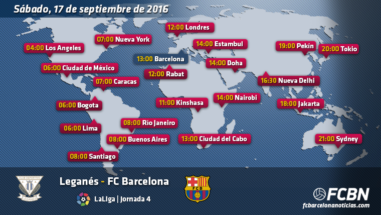Horarios mundiales y televisión del Leganés-Barcelona