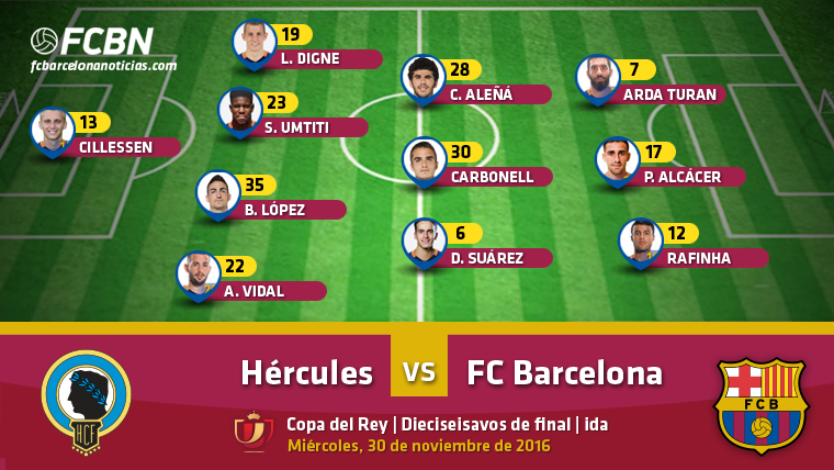 Alineaciones del Hércules-Barcelona (Ida 1/16 Copa)