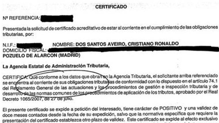 Sale a la luz un certificado de Hacienda de Cristiano Ronaldo