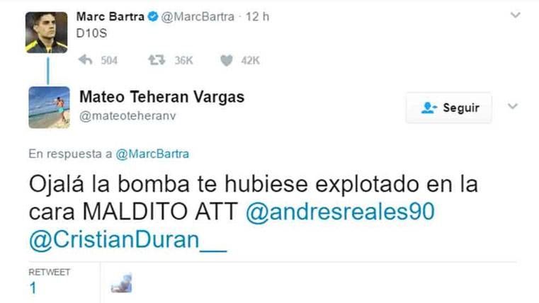 Desean la muerte a Marc Bartra por celebrar la gesta de Messi