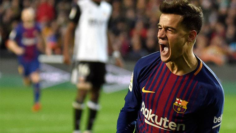 La celebración de Coutinho de su primer gol con el Barça