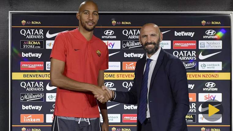 La Roma se ríe y Monchi ‘dispara’ a Malcom en la presentación de Steven N’Zonzi