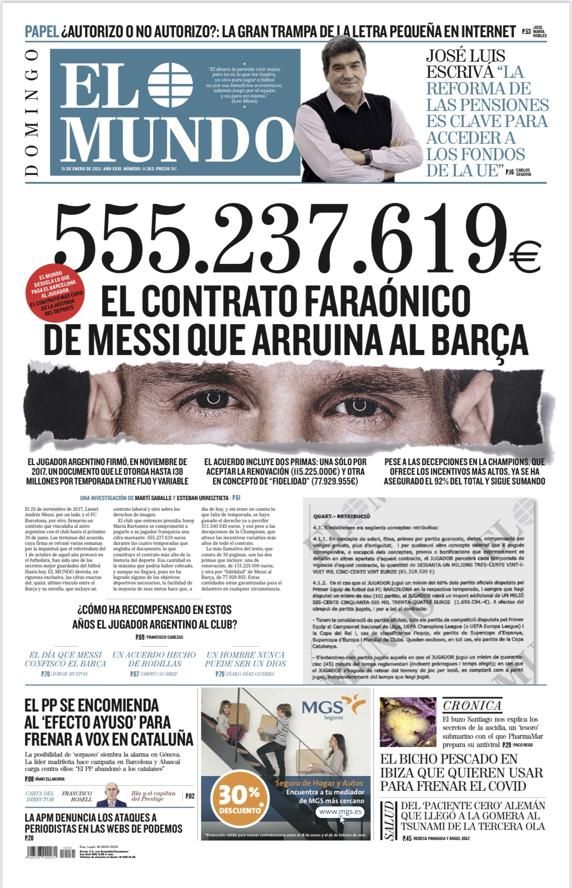 La portada de 'El Mundo' que desvela el contrato de Messi La portada de 'El Mundo' que desvela el contrato de Messi