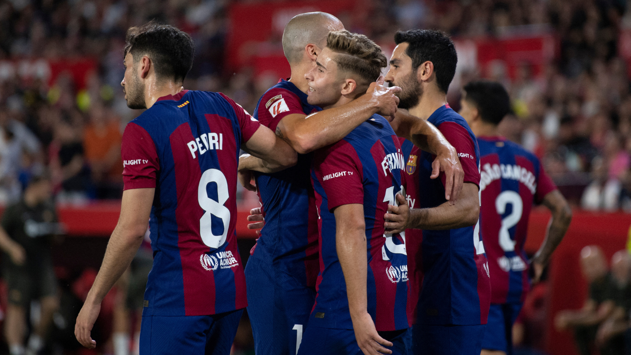 Pedri, Oriol Romeu y Gündogan celebrando con Fermín el gol de la victoria ante el Sevilla Pedri, Oriol Romeu y Gündogan celebrando con Fermín el gol de la victoria ante el Sevilla