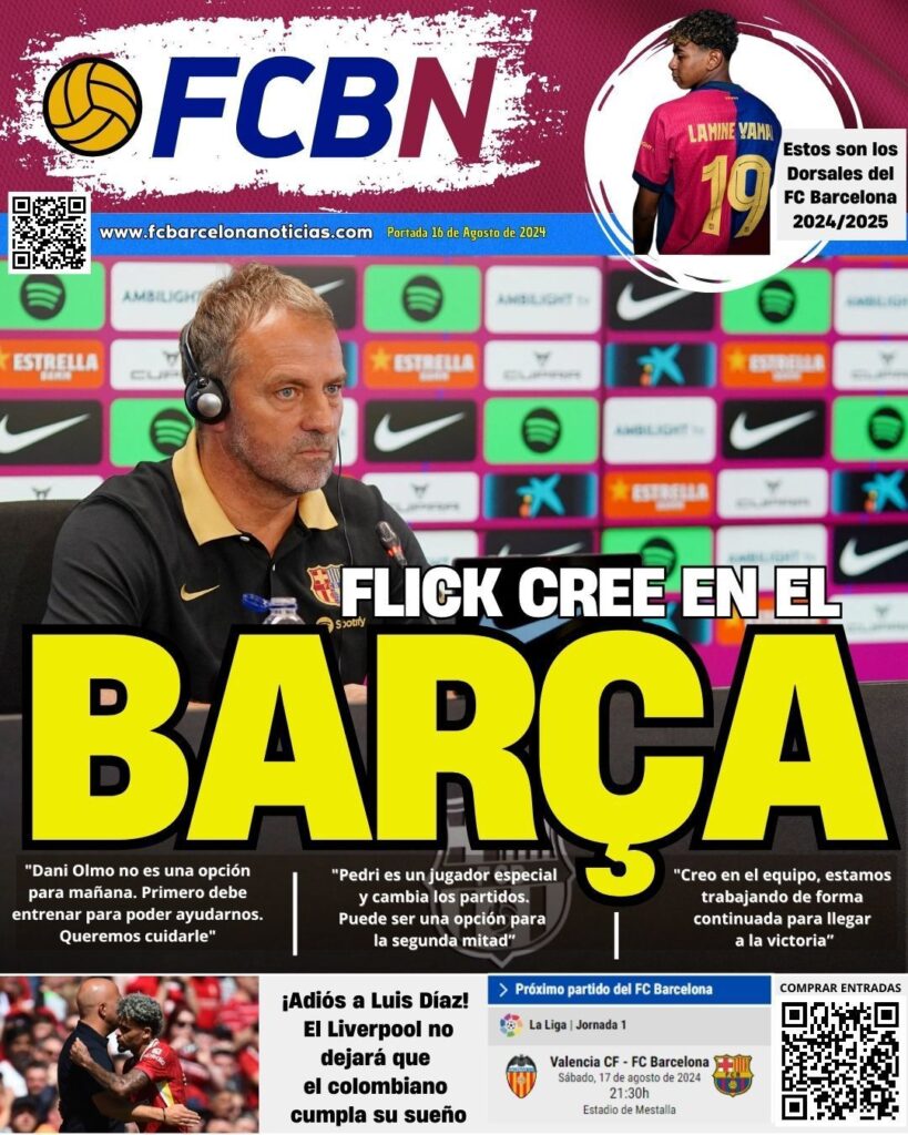 Portada FCBN 16/08/2024: Hansi Flick cree en el Barça