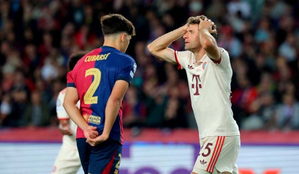 ¡Una auténtica muralla! Pau Cubarsí ‘secó’ a Thomas Müller en el Barça-Bayern