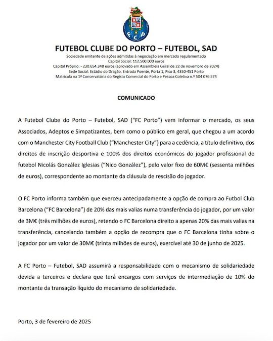 Comunicado del Porto traspaso Nuco González