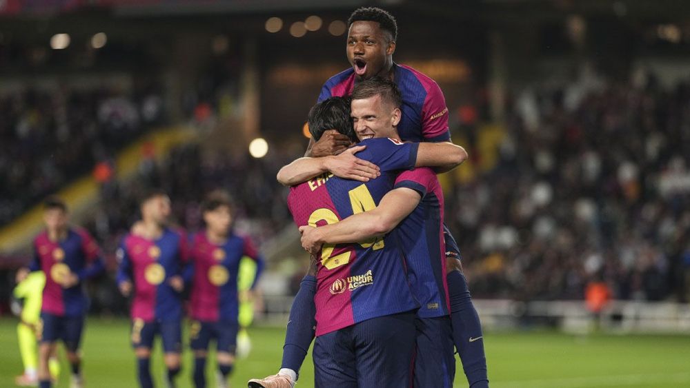 Jugadores del Barça. festejando el gol contra Mallorca