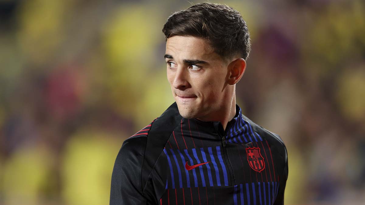 Gavi, en la previa de un partido del Barça