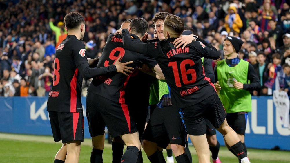 Los jugadores del Barça celebran el gol de la victoria en Leganés Los jugadores del Barça celebran el gol de la victoria en Leganés
