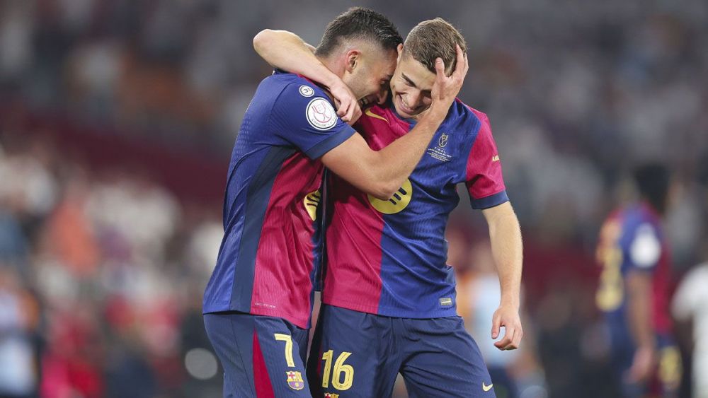 Fermín y Ferran festejando un gol contra el Rea Madrid (3-2)