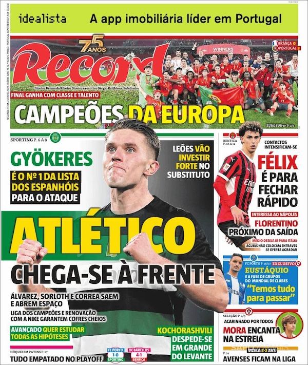 Portada diario Record. Gyokeres-Atlético Portada diario Record. Gyokeres-Atlético