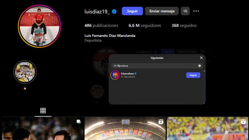 Luis Díaz sigue al FC Barcelona en Instagram