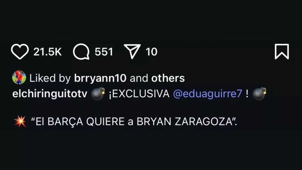 Like de Bryan Zaragoza en la publicación de El Chiringuito sobre su posible llegada al FC Barcelona Like de Bryan Zaragoza en la publicación de El Chiringuito sobre su posible llegada al FC Barcelona