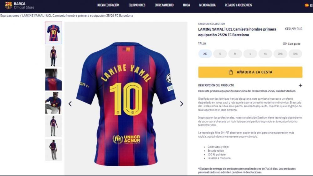 Venta de la camiseta de Lamine Yamal versión 'stadium' en la web del FC Barcelona