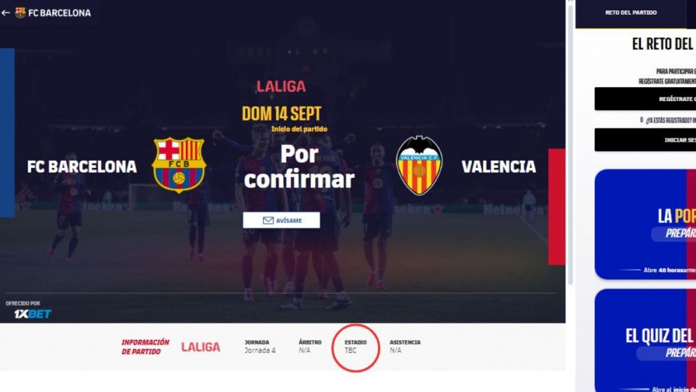 En la web del FC Barcelona ya no aparece el Camp Nou como estadio para el duelo ante el Valencia CF
