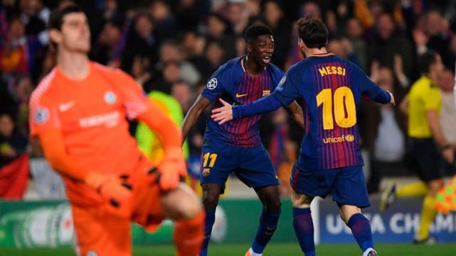 Messi celebra el gol que le metió al Chelsea en la Champions 2017-2018