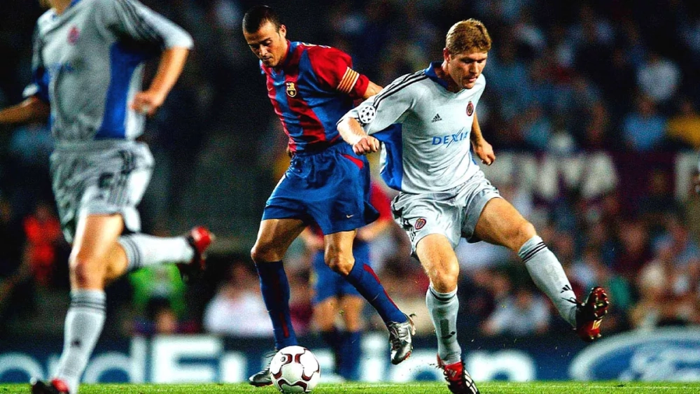 Luis Enrique durante un Barça-Brujas en 2002