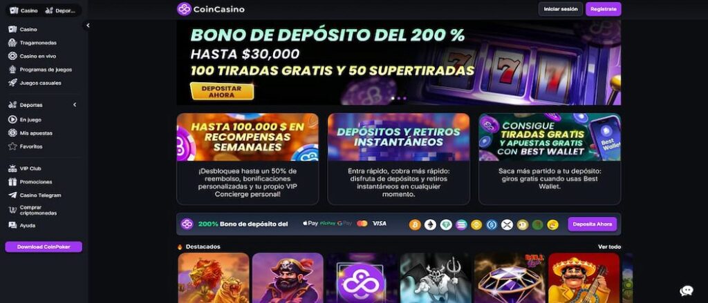 CoinCasino - Bono del 200% y Sin KYC para Jugadores desde España