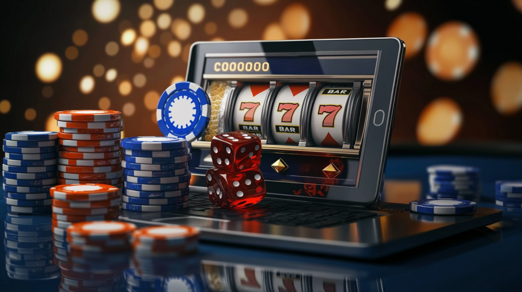Ilustración moderna y atractiva sobre bonos en un casino online europeo, mostrando diferentes tipos de bonos como bono de bienvenida, tiradas gratis (free spins) y cashback. Incluir elementos visuales como monedas, fichas de casino, ruleta, slots y una interfaz digital en smartphone o laptop. Añadir iconos que representen condiciones (rollover, términos y condiciones) y consejos para aprovecharlos (estrategia, gráfico ascendente). Estilo profesional, tecnológico y limpio, con colores azul, dorado y verde, iluminación suave y sensación de confianza y seguridad. Diseño equilibrado, alta resolución, estilo semi-realista con toques digitales.