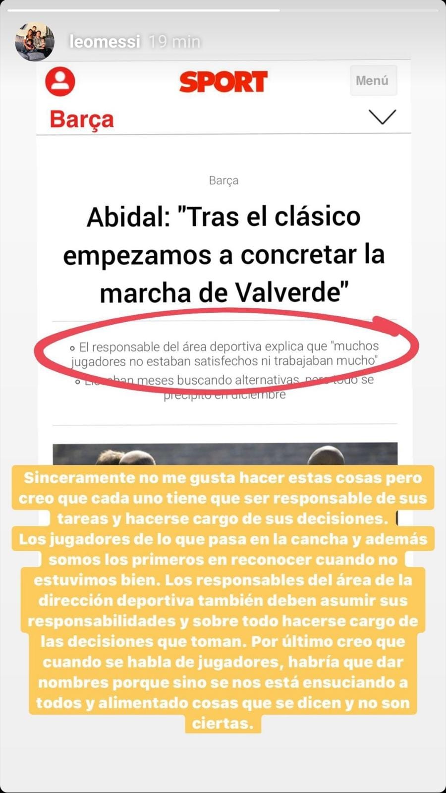 The answer of Leo Messi to Éric Abidal with Instagram Stories