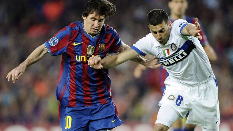 Leo Messi, during a match against Inter Milan years ago Leo Messi, during a match against Inter Milan years ago