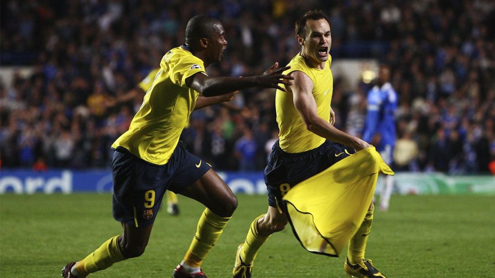 Andrés Iniesta, celebrating the qualifying goal against Chelsea in 2009