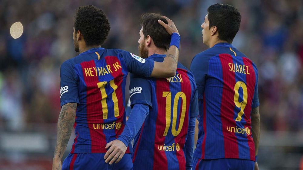Messi, Suárez y Neymar con el Barça en 2017