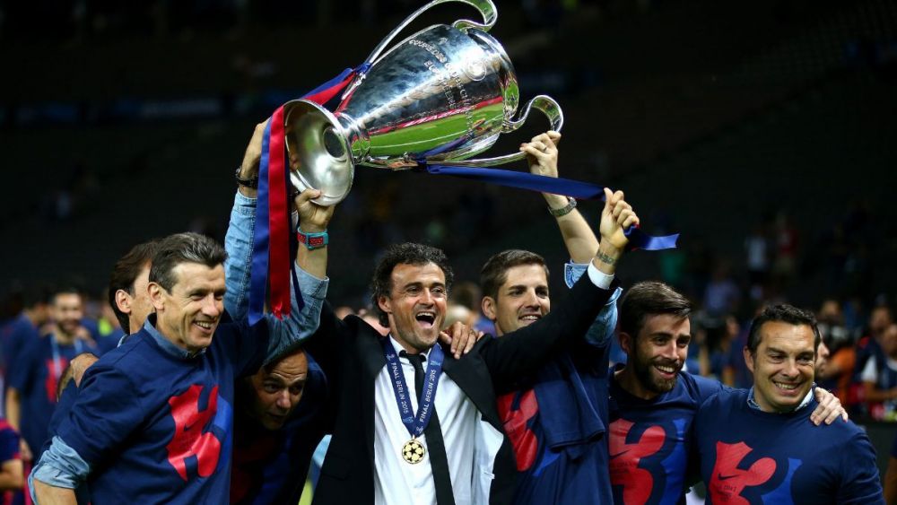 Luis Enrique lifting the 2015 Champions League trophy with FC Barcelona Luis Enrique lifting the 2015 Champions League trophy with FC Barcelona