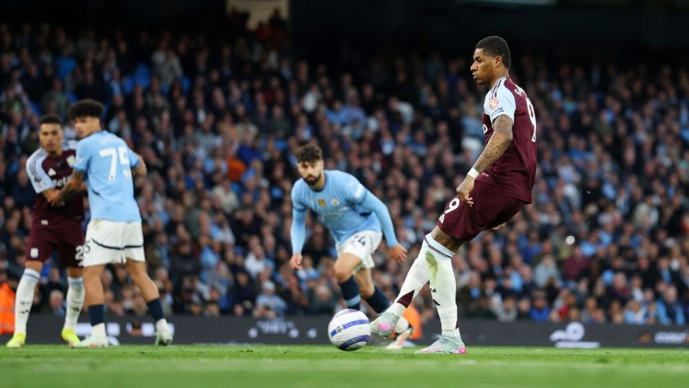 Marcus Rashford with Aston Villa taking a penalty against Manchester City