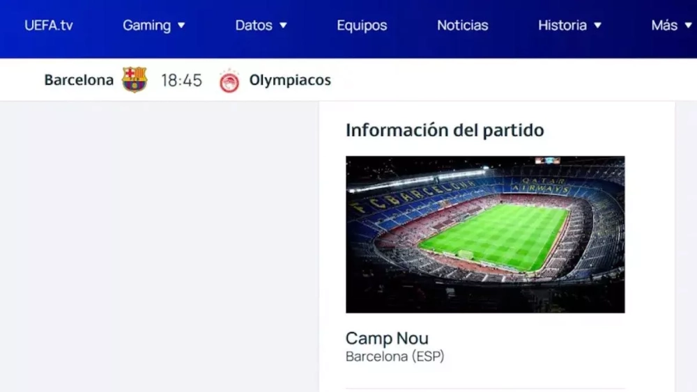 Web de la UEFA anuncia Barcelona-Olympiacos en Camp Nou
