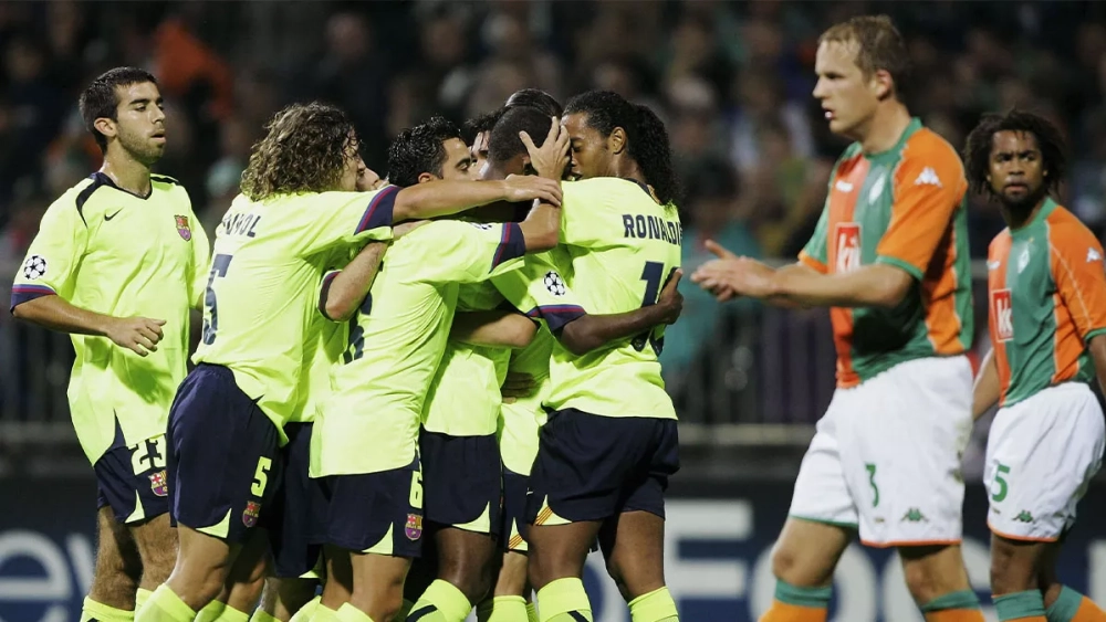 Barça players celebrating a goal against Werder Bremen in 2005