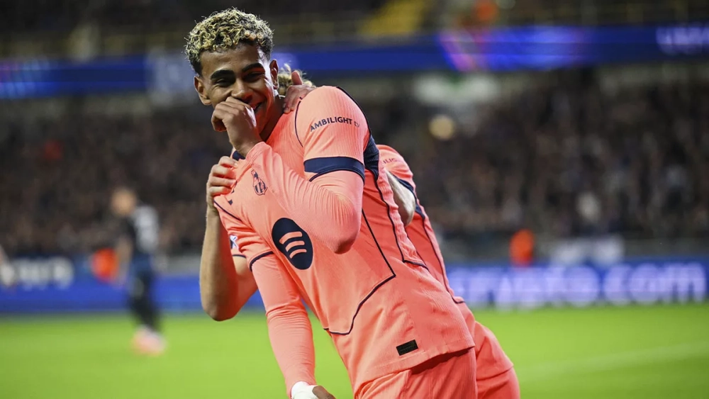 Lamine Yamal celebrating his goal against Bruges